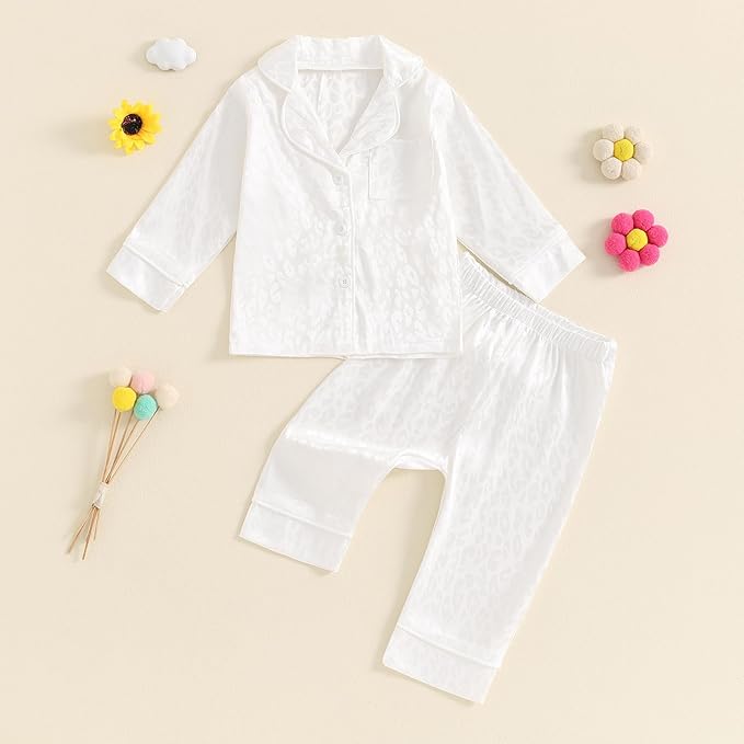 Toddler Kids Baby Girl Solid Pjs Ruffle Long Sleeve Button Shirt Top and Pants Cotton 2Piece Pajamas Set
