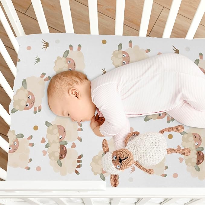 Baby Crib Sheets Cute Rams Cartoon Sheep Lambs Crib Sheets for Boys Girls,Neutral Bassinet Toddler Bed Play Sheets Breathable Soft and Portable 52 * 28 * 9in