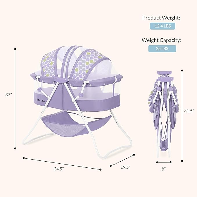 Dream On Me Karley Bassinet in Periwinkle, Lightweight Portable Baby Bassinet, Quick Fold and Easy to Carry , Adjustable Double Canopy, Indoor and Outdoor Bassinet with Large Storage Basket.