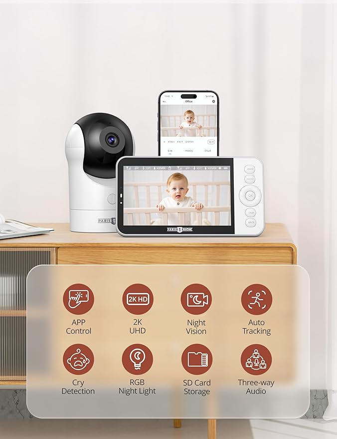 PARIS RHÔNE Split-Screen Baby Monitor, 5” Smart Video Baby Monitor with App Control, Two 2K UHD WiFi Cameras, Night Vision, Motion & Cry Detection, AI Tracking, RGB Night Light, Lullabies