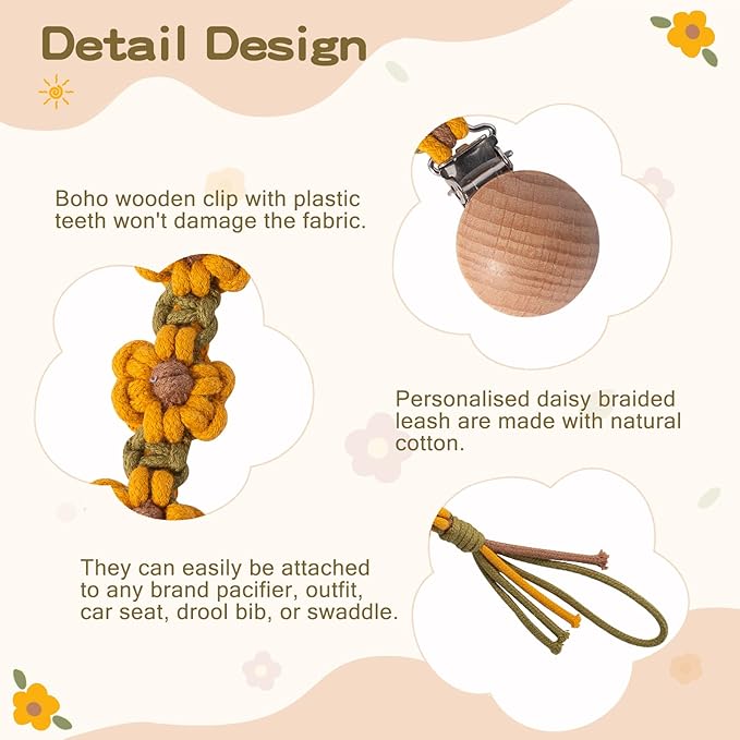 Pacifier Clip for Boys Girls Flower Daisy Macrame Pacifier Holder Leash Boho Wooden Clips Handmade Braided Cotton Paci Clip Baby Shower Birthday Gift