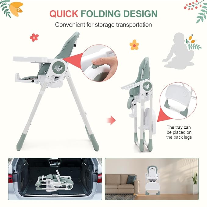 Baby High Chair for Toddlers 1-3 Years Old, Foldable Baby High Chair with Removable Tray, Lightweight Folding Chair with 5-Point Safety Harness, Multiple Recline Positions & Compact Design