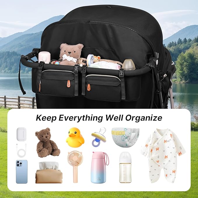 Double Stroller Organizer for Bob Duallie and Baby Jogger City Mini GT2, Double Stroller Caddy Organizers with Cup Holder and 2 Cooler Pockets Parent Console Double Stroller Accessories
