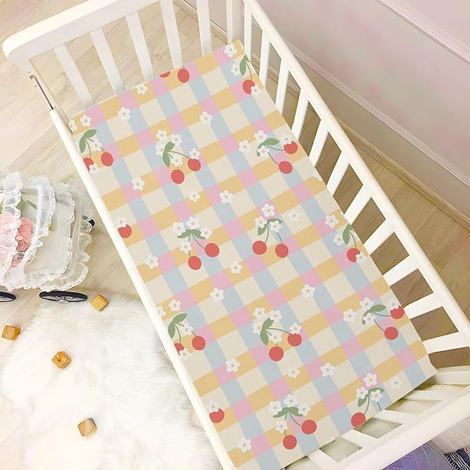 Baby Crib Sheets Gingham Flowers Crib Sheets for Boys Girls,Neutral Bassinet Toddler Bed Play Sheets Breathable Soft and Portable 52 * 28 * 9in