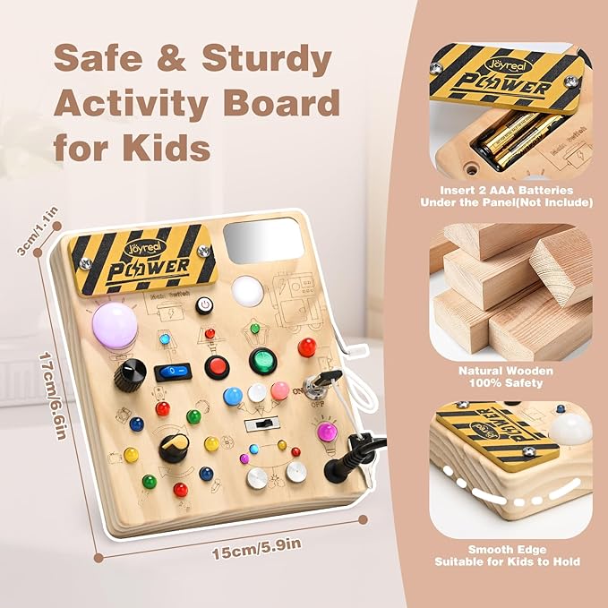 Joyreal Busy Board with 22 LED Light - Montessori Toys for 1 2 3 Years Old, Wooden Toddler Sensory Board for Kids with Autism, Fidget Board Travel Toys for 1+ Year Old Boy & Girl Birthday Gift (Big)