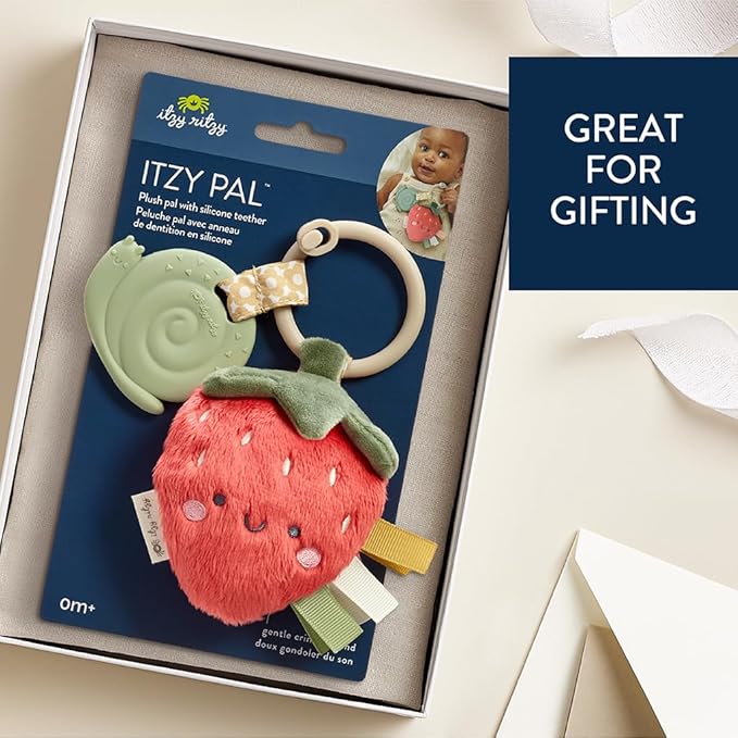 Itzy Ritzy Infant Toy & Teether - Itzy Pal Baby Teething Toy Includes Lovey, Crinkle Sound, Textured Ribbons & Silicone Teether Toy for Newborn (Strawberry)