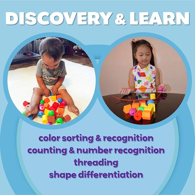 Skoolzy Rainbow Stringing Beads for Toddlers 46 Pcs Set - 5 pk - Stringing Beads - String Beads with Strings, Pipe Cleaners and Bag - Montessori Toys Occupational Therapy for Preschool
