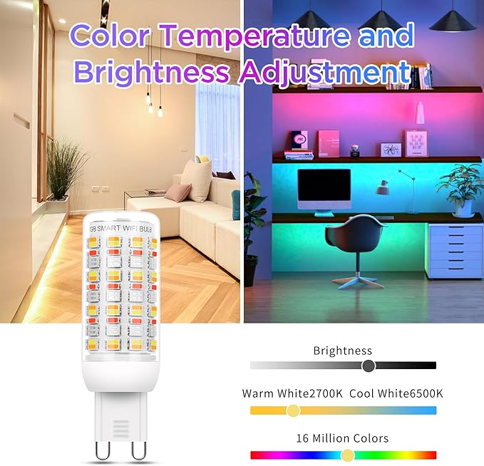 I-SHUNFA Wi-Fi RGBCW Smart G9 LED Bulbs,Compatible with Alexa/Google Home,Multicolour Dimmable,2700K-6500K,AC 120V 4W,400LM Brightness Adjustable 1%-100%,with Musical Rhythm LED Light Bulb,2 Pack
