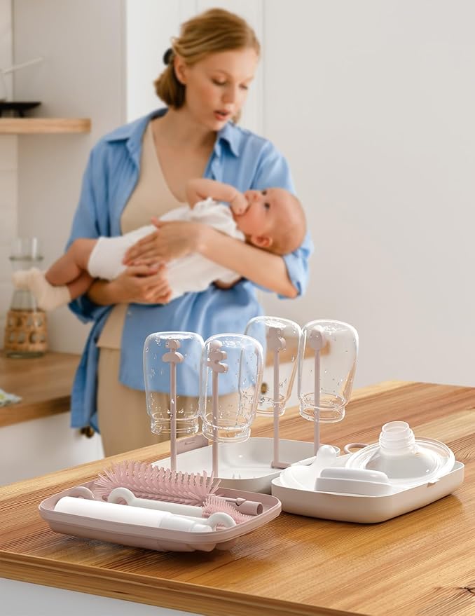 Momcozy Bottle Brush Set - Baby Bottle Cleaner Kit with Silicone Brush, Nipple Brush, Straw Brush, Soap Dispenser, Drying Rack - 7 in 1 Bottle Cleaning Tool for Home and Travel, Pink