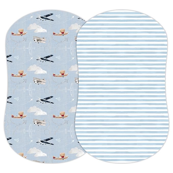 Baby Bassinet Sheets for Boy, Girl (Airplanes & Clouds) 2-Pack - Fitted Bedside Bassinet Sheets - Buttery Soft Cotton Blend for Standard Mattress Pad