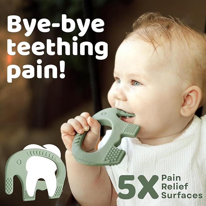 Teethers for Babies 6-12 Months - Baby Elefun 5x Pain Relief Toddler Teether. No More Ouch for Mom Anti Bite Trainer. Nurtures Grasping, Passing, Hand Eye Coordination. Silicone Baby Teething Toy Ring