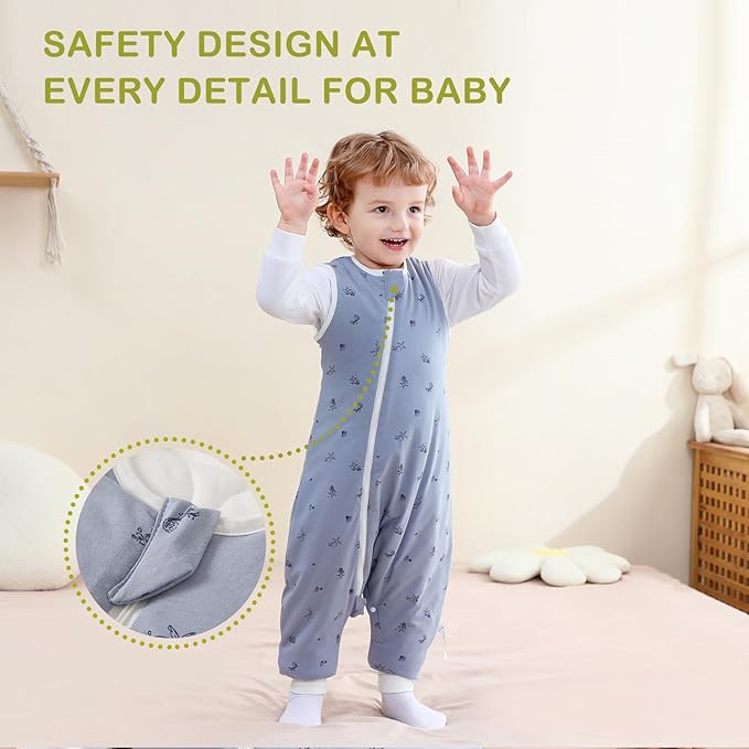 Super Soft Winter 2.5 TOG Sleep Sack with Feet, 100% Organic Cotton Warm Toddler Sleeping Sack with Legs, Ocean, Size L
