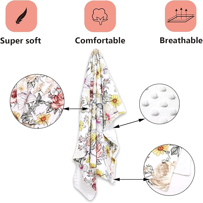 Floral Baby Blankets, Floral Toddler Blanket for Boys Girls, Dotted Backing, Double Layer, Crib Receiving Blanket, for Nursery/Stroller/Toddler Bed/Carseat, 30 x 40 Inch