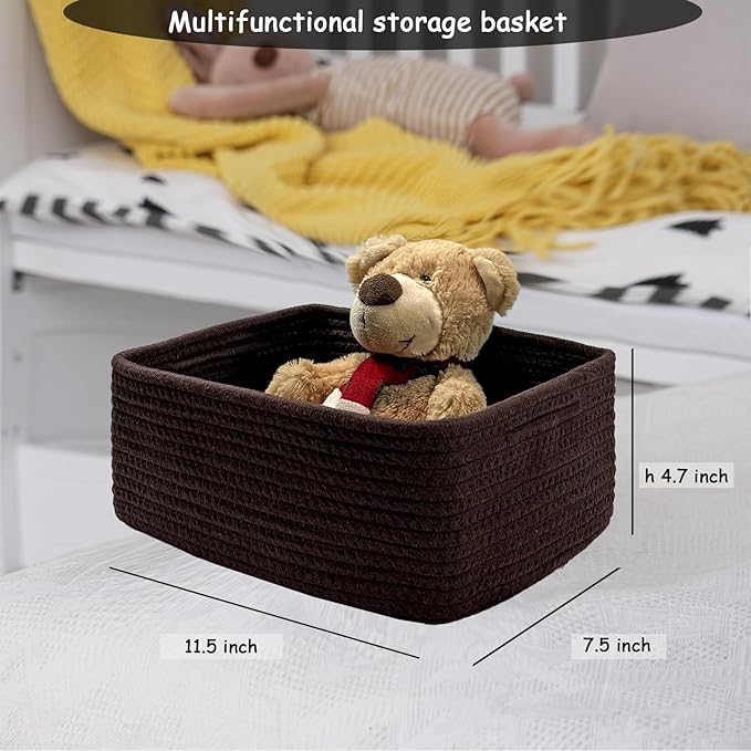COMFY-HOMI 11.5"x7.5"x4.7" Storage Baskets for Organizing | Cotton Rope Woven Basket | Toy Storage Bin Box | Basket for Shelves, Closet Organizer Bin, Decorative Closet Shelf, 3 Pack, dark brown