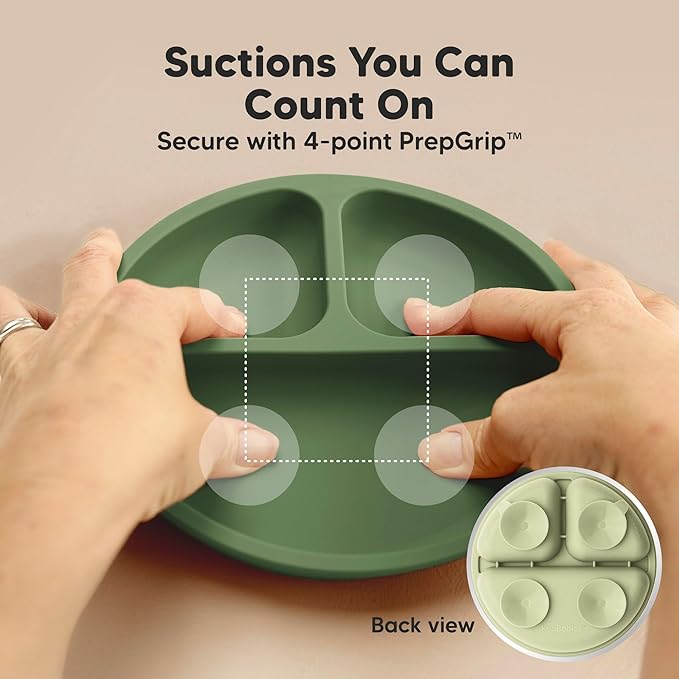 KeaBabies Suction Plates with Lids for Baby - 3-Pack 100% Silicone Toddler Plates with Suction, Divided, BPA-Free Baby Led Weaning Essentials for Kids, Dishwasher, Microwave Safe, Durable (Forest)
