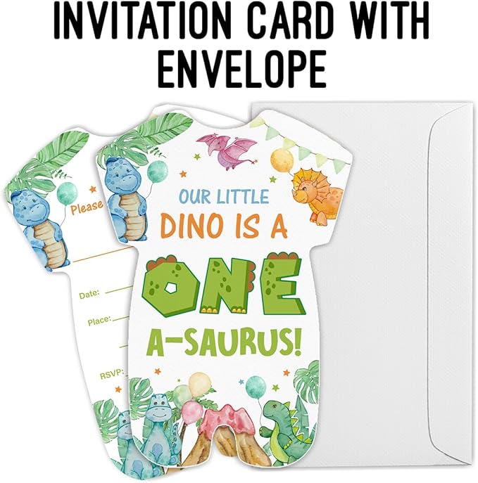LyoGao Dinosaur 1st Birthday Invitations - Dino Party for Boy First Birthday Fill in Invites Cards With Envelopes (20 Pack)
