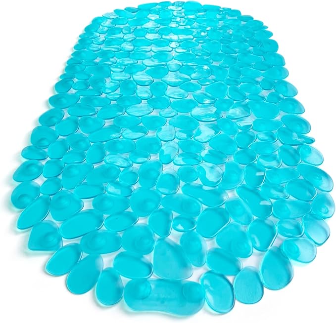 “Pebbles” Non-Slip Bathtub & Shower Mat 27”x14” Oval - Non-Toxic - Safe, Clean, Machine-Washable, Superior Grip & Drainage, Vinyl, for Smooth Floors ONLY, Transparent Turquoise