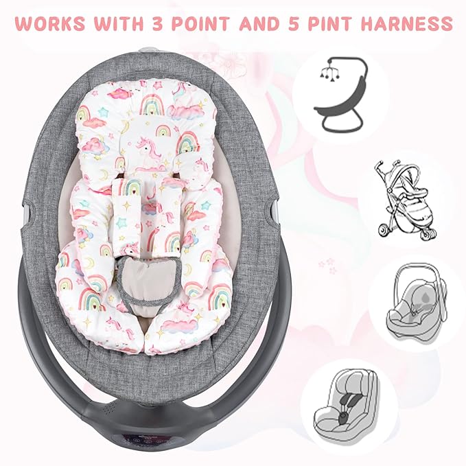 Pea Pod Infant Car Seat Insert with Strap Covers, All in One Reversible Baby Car Seat Head Support for Newborn, 3D Soft Minky Carseat Cushion for Preemie to Infant, Stroller, Swing, Bouncer, Unicorn
