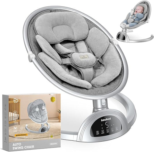 BabyBond Baby Swings for Infants, Bluetooth Infant Swing with Music Speaker, 3 Seat Positions, 5 Point Harness Belt, 5 Speeds and Remote Control - Portable Baby Swing for Indoor and Outdoor (Silver)