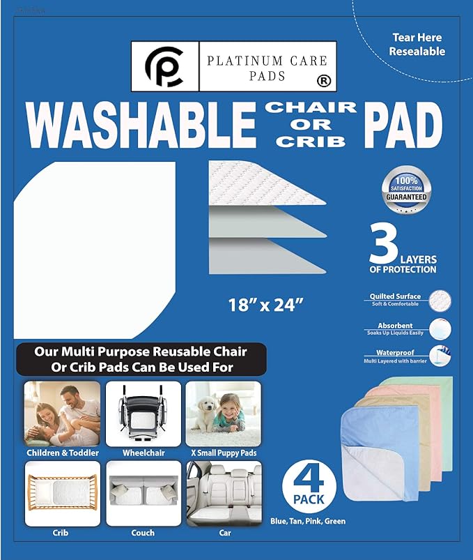 Platinum Care Pads™ Washable Bed Pads/Chair Pads for Incontinence - Size 18x24 - Pack of 4