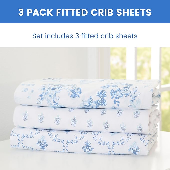 Delta Children Fitted Crib Sheets for Girls and Boys - 100% Organic Cotton Crib Sheet for Standard Crib and Toddler Mattresses - 28x52 Inch - GOTS Certified (Pack of 3), Blue Botanicals