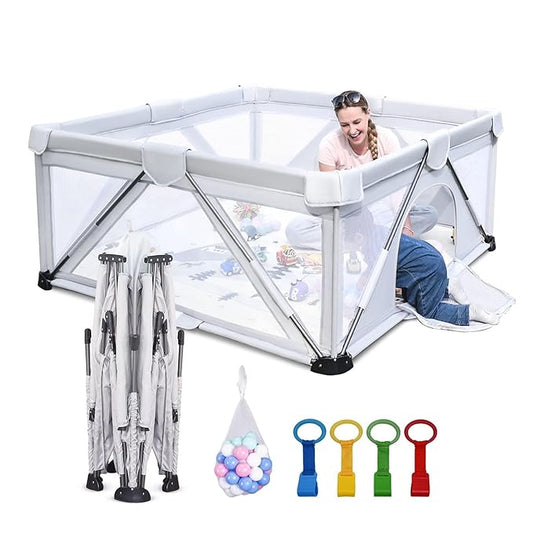 Foldable Baby Playpen 59X71 inch, iTiLike Playpen for Babies and Toddlers with 50 PCS Ocean Balls & 4 Handles, Indoor & Outdoor Kids Safety Play Pen Area, Portable Travel Play Yard