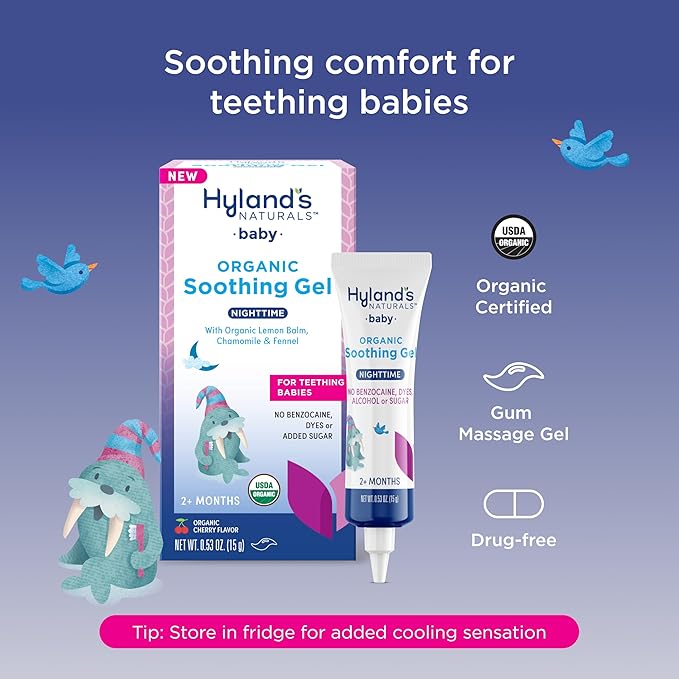Hyland's Baby Organic Night Oral Soothing Gel, with Chamomile, Calendula, and Fennel, Cooling Gel for Oral Discomfort, Easy-to-Apply, Ages 2 Months and Up, 0.53 Ounce
