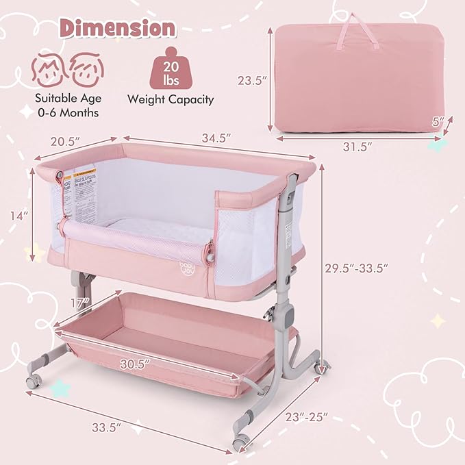 BABY JOY Bassinet, Bedside Crib w/ 6-Level Adjustable Height, Storage Shelf, Wheels, Mattress & Carry Bag for Safe Co-Sleeping, Folding Bassinet Bedside Sleeper for Newborn Infants (Pink)
