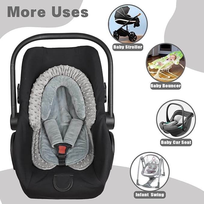 Infant Car Seat Insert, HNHUAMING Baby Car Seat Head & Body Support with 2 Straps Pads, Ultra Soft Newborn Preemie Carseat Insert Cushion for Girls Boys, Fits Car Seat, Stroller, Swing, Bouncer, Grey