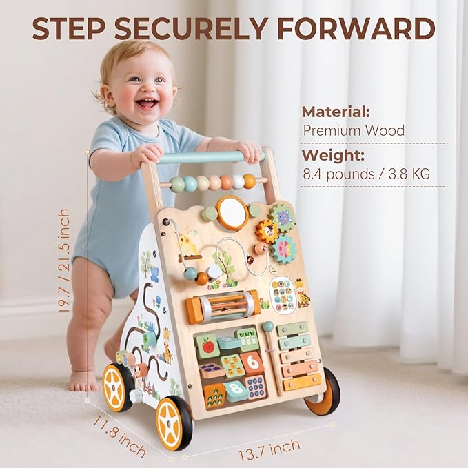 Baby Push Walker, Wooden Baby Walker for Girls Boys, Montessori Activity Center for Babies, Adjustable Speed & Height for Toddlers, Educational Push Toy for Kids Development