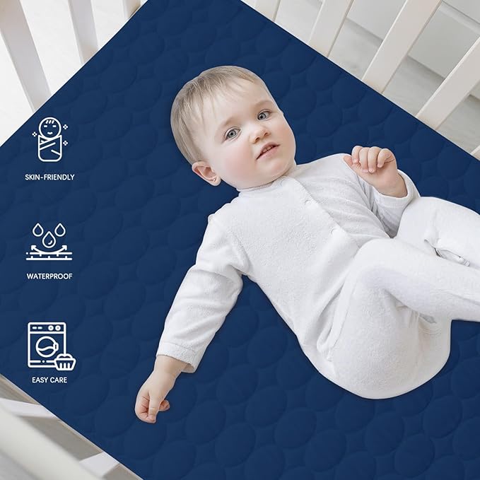 Crib Mattress Protector Waterproof, Soft Breathable Toddler Mattress Pad Cover, Crib Size Fitted Sheets Fit for Baby Toddler Bed Mattress (Standard Size 52” x 28”), Navy Blue