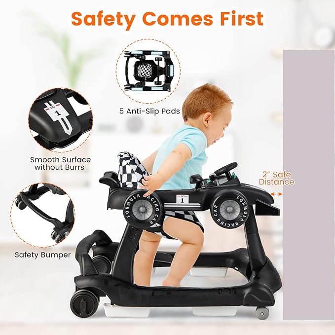 HOMGX Baby Walker with Wheels, Convertible Baby Push Walker & Race Car Mode, Infant Activity Center with Music Box, 3 Heights & 2 Speeds, Foldable Walkers for 6-18 Months (Black)