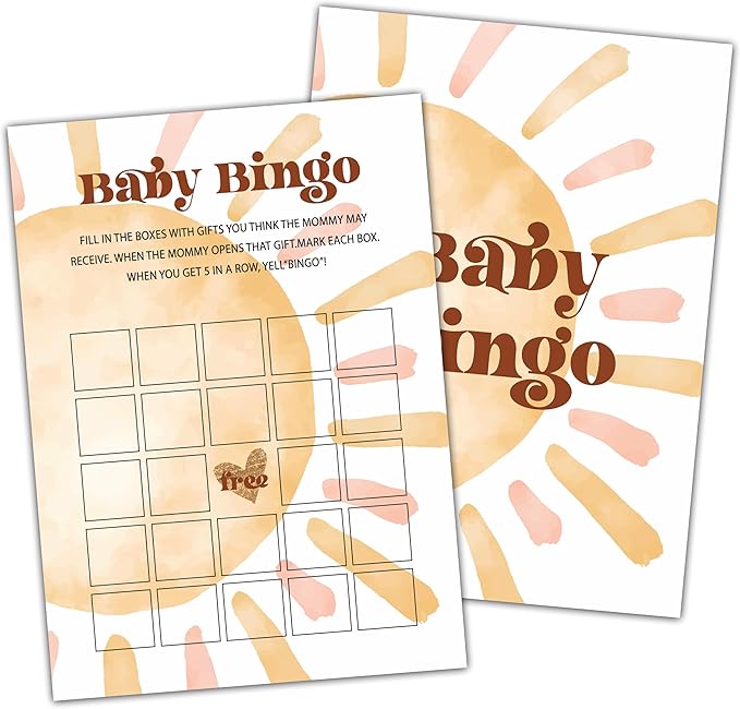 Baby Shower Bingo Cards For Boy, Boho Sun Baby Shower Games, Sunshine Baby Bingo for Baby Shower Game, Here Comes The Son Gender Reveal Games, Set of 25 Cards(Bohosun001)