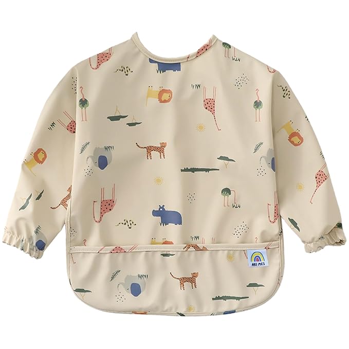 ARI MES Long Sleeves Waterproof Baby Bibs for Eating - Animals, Small - Wearable, Coverall for Toddler, Long Sleeve Bib, Smock Apron for Feeding - Applicable for 6-72 Months
