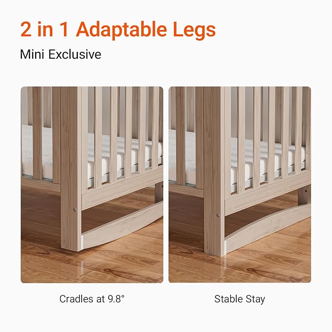 EvoNest Baby Crib, 6 in 1 Convertible Mini Crib with Wheels, 100% New Zealand Wood Growing Bed, 4 Adjustable Mattress Height, Washed Natural