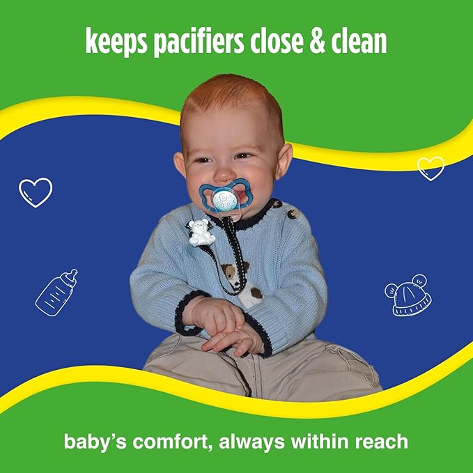 Baby Buddy Pacifier Clip Holder, Newborn Essential with Universal Fit for all Binky and Teether Brands, Ages 4+ Months, Navy & White, 1 Pack