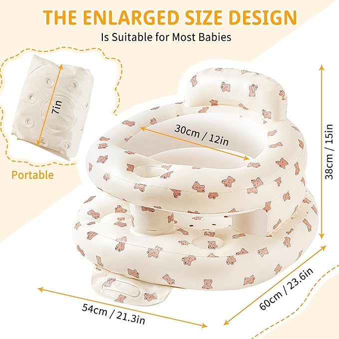 Inflatable Baby Seat for Babies 3-36 Months, Sit Up Chair Built in Air Pump Blow Up Infant Back Support Floor Seat for Bebe 3 Months & Up, Large Space Inflatable Baby Chair (Biscuit Bear-Large)