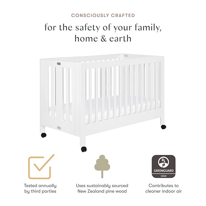 Babyletto Maki Full-Size 2-in-1 Portable Folding Crib with Toddler Bed Conversion Kit in White, Greenguard Gold Certified