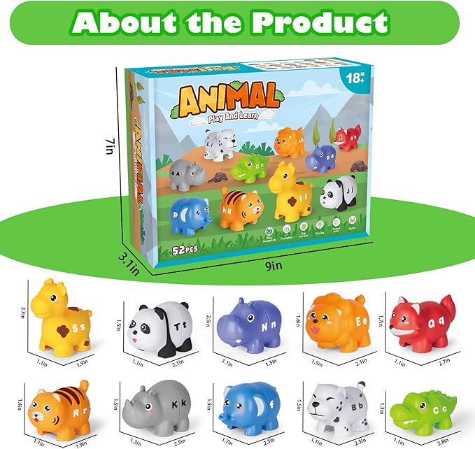 52PCS Animal Alphabet Learning Toys for Toddlers 2-4, 10 Different Animal Figures, Montessori Educational Toys Gifts for Boy Girl, Preschool Learning Activities, Double Sided ABC Matching Game 