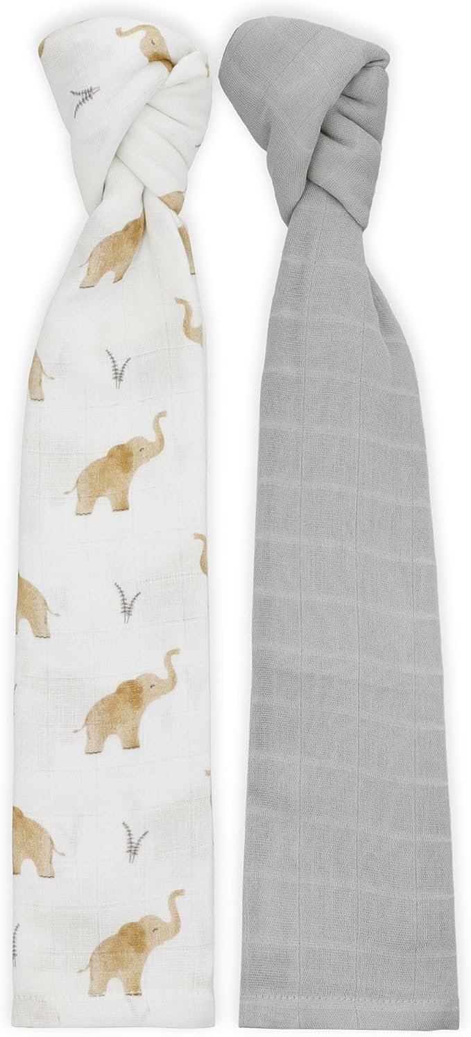 Featherhead™ 100% Cotton Muslin Swaddle Blankets for Baby Girl - Large 47”x 47” - Pre-Washed, Soft, & Breathable - Newborn Essential & Perfect Baby Registry Gift (2 Pack - Elephant)