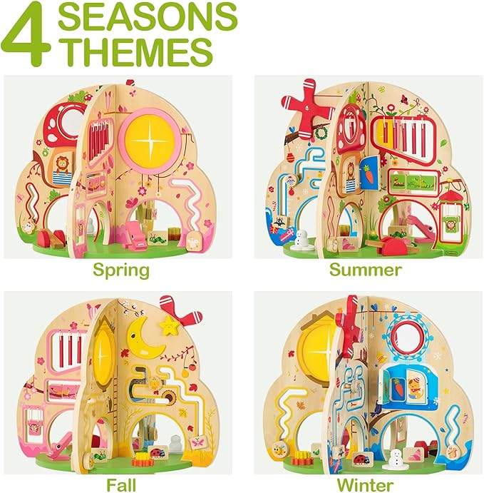 Monläurd® Montessori Wooden Tree Activity Center, Sensory Table & Busy Board for Toddlers 1-3, 4-Season Learning Activity Cube for Playroom & Daycare