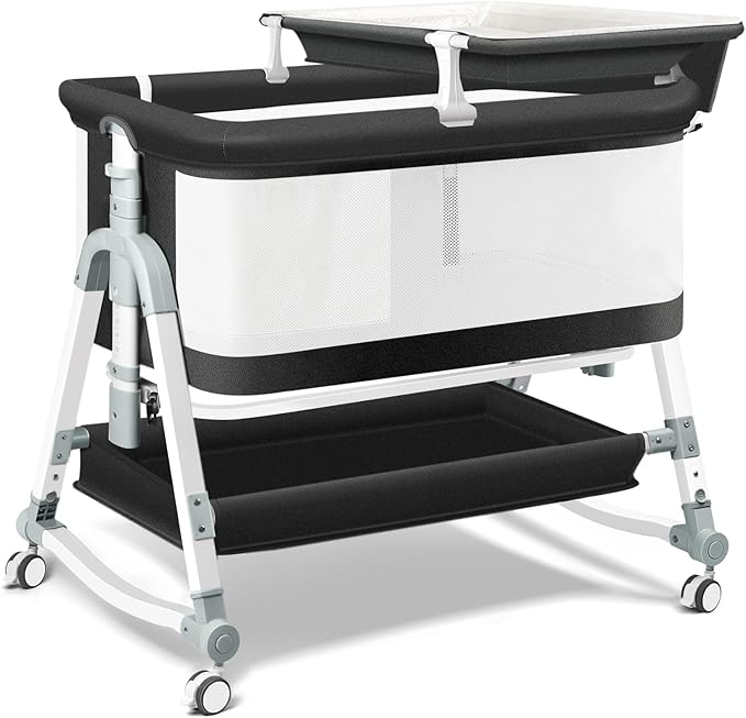4 in 1 Bedside Bassinet for Baby, Portable Baby Bassinet with Wheels, Baby Crib with Changing Station, Mattress Included and Storage, Foldable Travel Bassinet for Baby/Infant/Newborn - Mesh