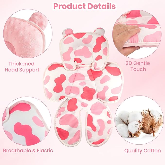 Baby 3in1 Car Seat Head Body Support,Reversible Cotton-Minnky Infant Car Seat Insert Newborn Boys Girls,Soft Breathable Carseat Head Support Pillow Cushion Infant Stroller,Swing,Bouncer(Pink)