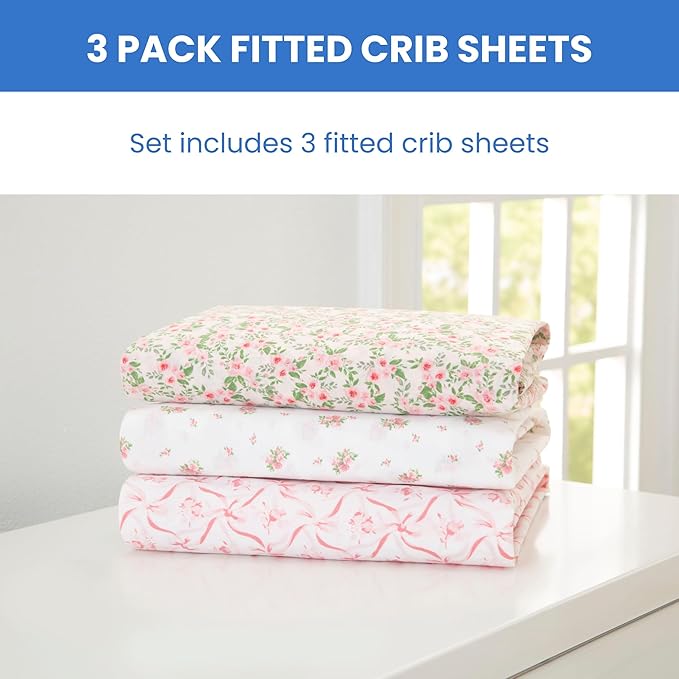 Delta Children Fitted Crib Sheets for Girls and Boys - Crib Sheet for Standard Crib and Toddler Mattresses - 28x52 Inch (Pack of 3), Pink Floral
