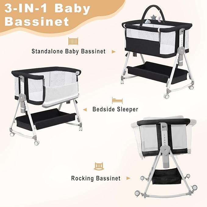 Baby Bassinet,3 in 1 Bedside Bassinet for Baby with Hanging Toys, Portable Foldable Bassinets Bedside Sleeper,4-Sided Mesh Bedside Crib with Wheels and Storage Basket,6 Height Adjustable (Black)