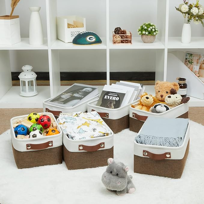 HNZIGE Small Fabric Storage Bins (6 Pack) - Foldable Decorative Baskets with Handles, Empty Gift Baskets for Storage (Brown & White, 11.8" x 7.8" x 5.1")