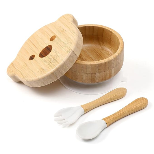 Baby Bowls with Lid,HBM Bamboo Suction Bowls for Baby and Spoon Set,3PC Feeding Supplies Set for Infant, Toddlers,Detachable Silicone Suction Stay Put Base for Wooden Bowl (Marble)