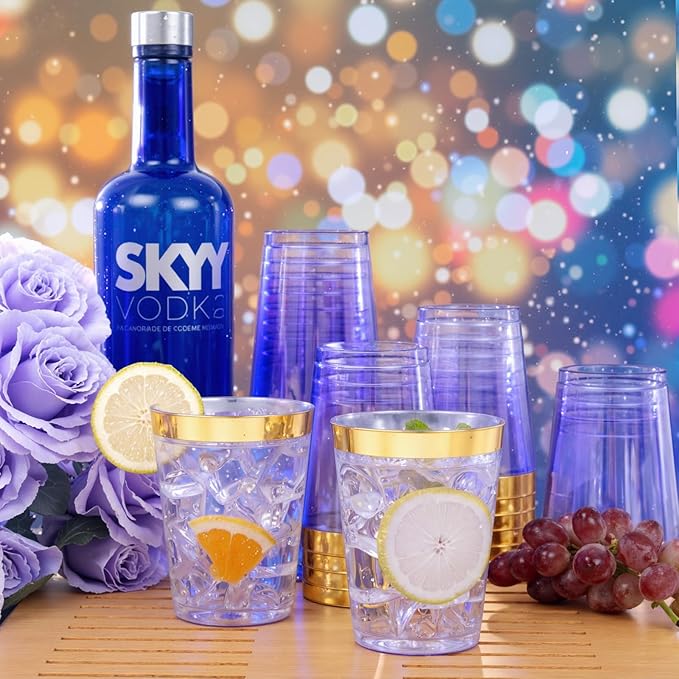 supernal 100 Pack Purple Plastic Cups - 10 Oz Clear Disposable Cups with Gold Trim,Clear Purple Plastic Cocktail Glasses Perfect for Weddings,Birthday,Parties & Elegant Events,Disposable Wine Glasses
