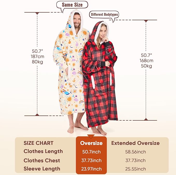 Wearable Blanket Hoodie Oversized - birthday gifts for Adults/Women/mom, Flannel Cozy Sherpa Fleece Blanket Sweatshirt with Hood, Pocket & Sleeves, One Size Fits All (Rainbow)