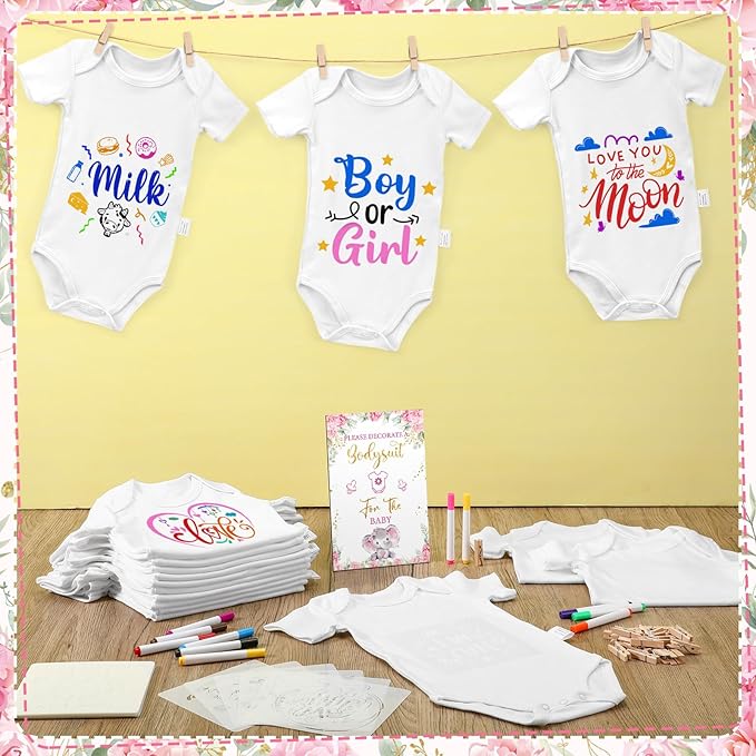Panitay 126 Pcs Baby Shower DIY Bodysuit Set Rustic Kraft Baby Shower Game Sign DIY Bib 25 Blank White Newborn Bodysuit 25 Stencils 24 Marker 1 Sign 50 Pins for Gender Reveal(Pink Elephant)